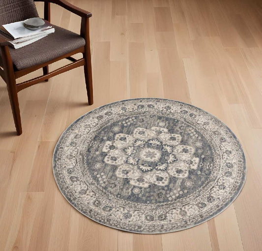 4' Grey And Ivory Round Oriental Power Loom Non Skid Area Rug - Homeroots - Flyclothing LLC