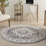 5' Grey And Ivory Round Oriental Power Loom Non Skid Area Rug - Homeroots - Flyclothing LLC