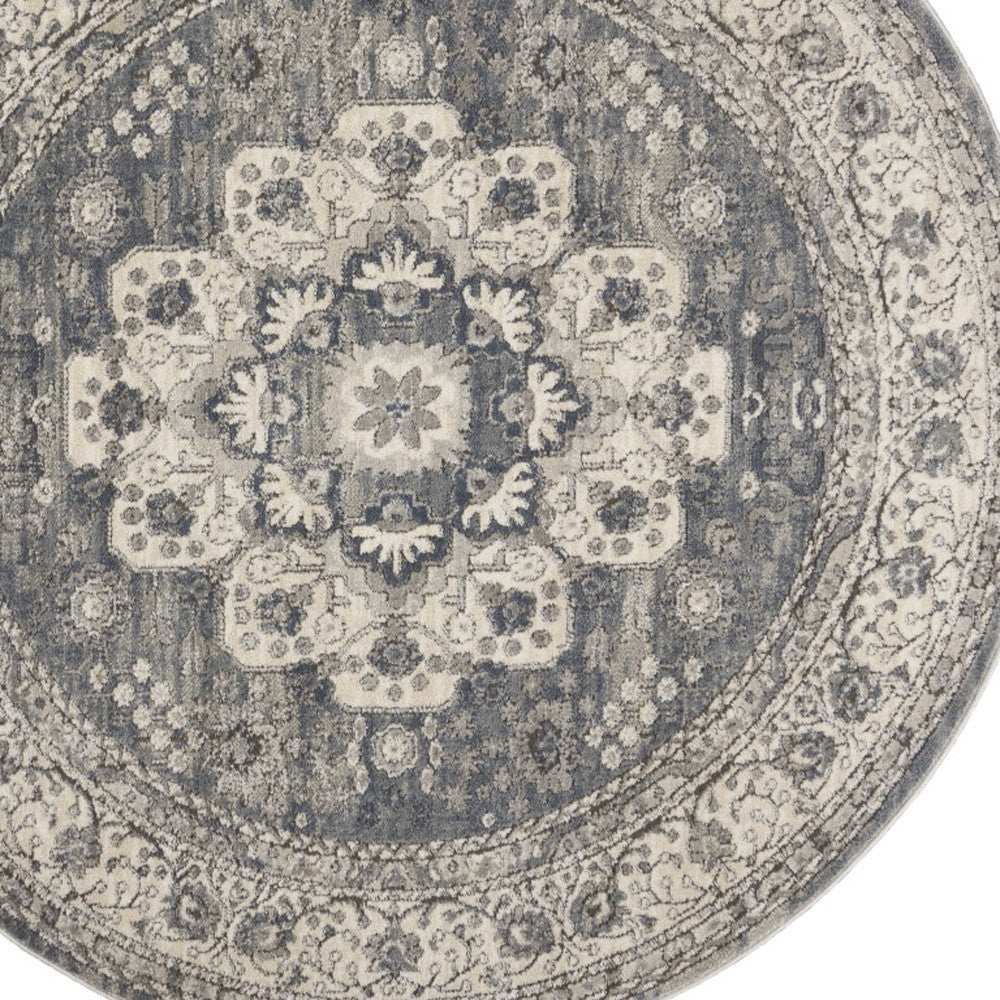 5' Grey And Ivory Round Oriental Power Loom Non Skid Area Rug - Homeroots - Flyclothing LLC