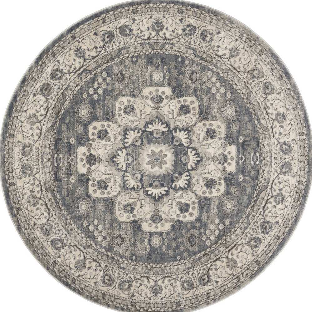 5' Grey And Ivory Round Oriental Power Loom Non Skid Area Rug - Homeroots - Flyclothing LLC