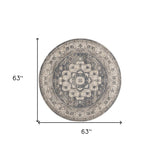 5' Grey And Ivory Round Oriental Power Loom Non Skid Area Rug - Homeroots - Flyclothing LLC