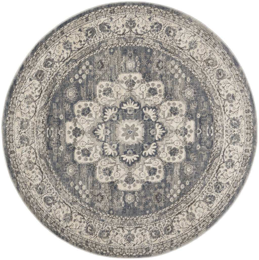 5' Grey And Ivory Round Oriental Power Loom Non Skid Area Rug - Homeroots - Flyclothing LLC