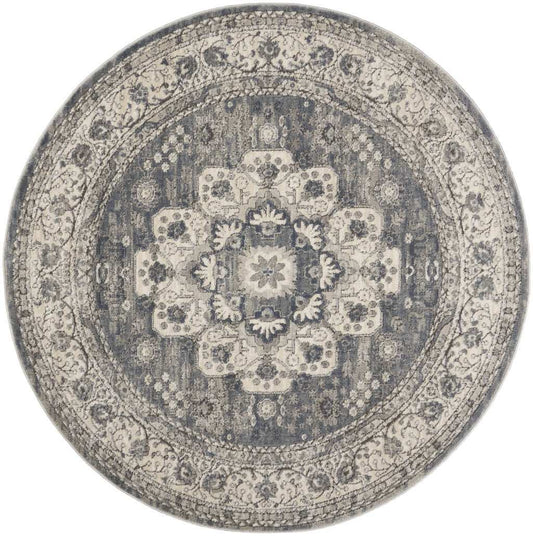 5' Grey And Ivory Round Oriental Power Loom Non Skid Area Rug - Homeroots - Flyclothing LLC