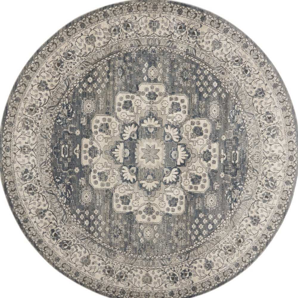 8' Grey And Ivory Round Oriental Power Loom Non Skid Area Rug - Homeroots - Flyclothing LLC