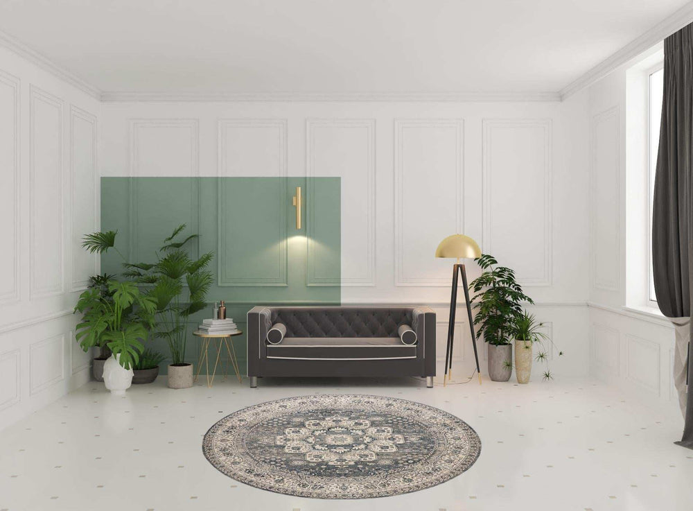 8' Grey And Ivory Round Oriental Power Loom Non Skid Area Rug - Homeroots - Flyclothing LLC