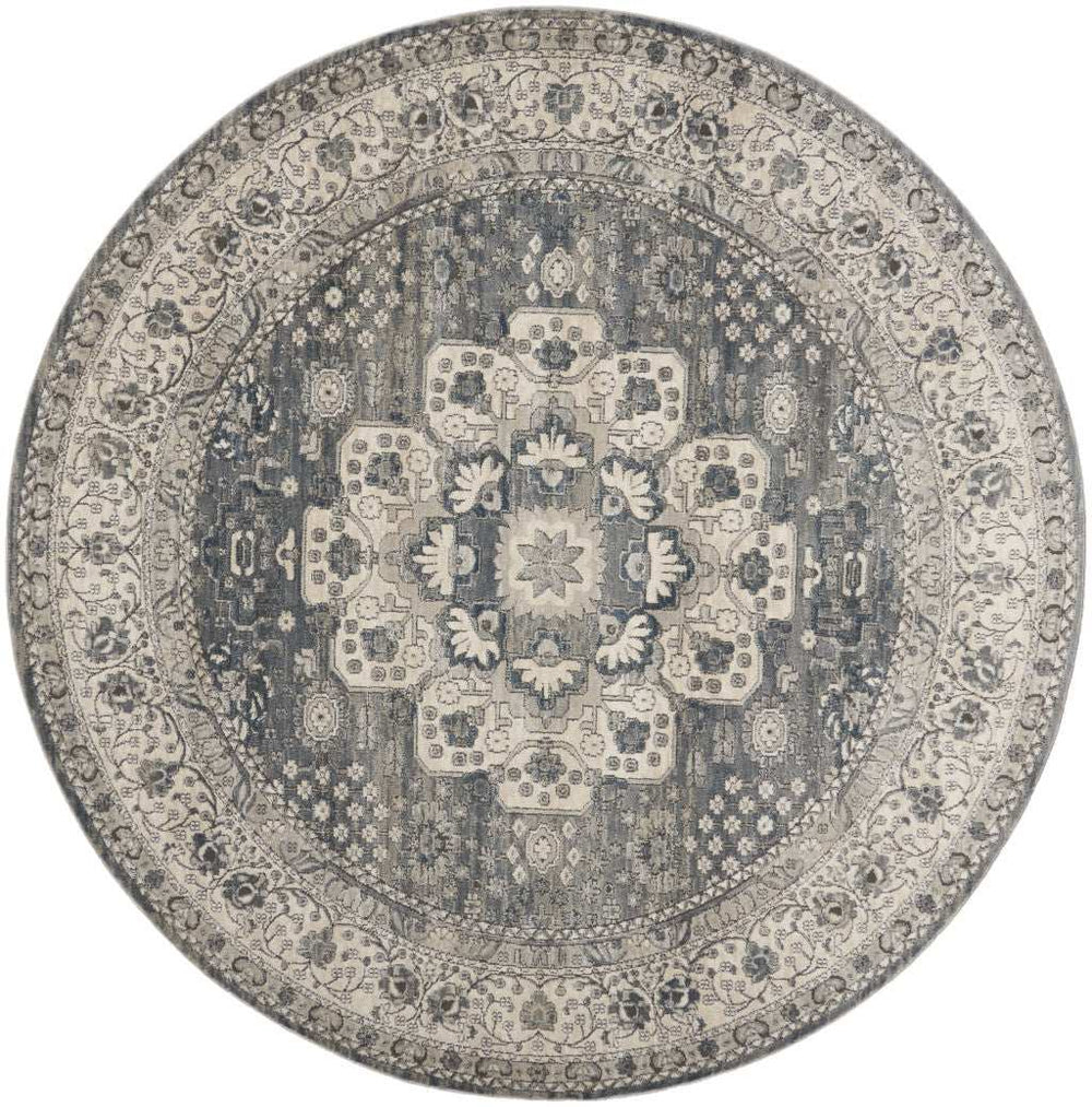 8' Grey And Ivory Round Oriental Power Loom Non Skid Area Rug - Homeroots - Flyclothing LLC