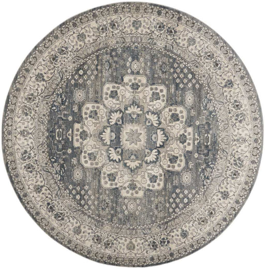 8' Grey And Ivory Round Oriental Power Loom Non Skid Area Rug - Homeroots - Flyclothing LLC