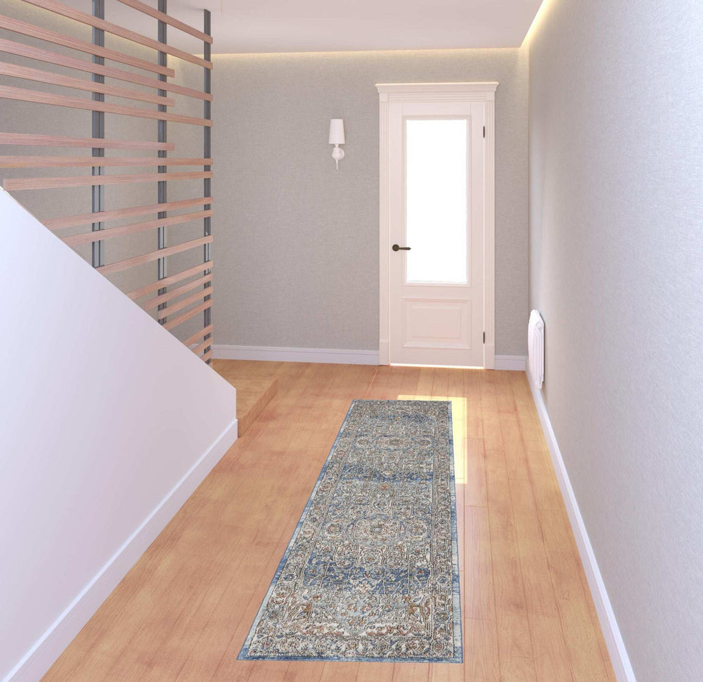 2' X 8' Ivory And Blue Oriental Power Loom Non Skid Runner Rug - Homeroots - Flyclothing LLC