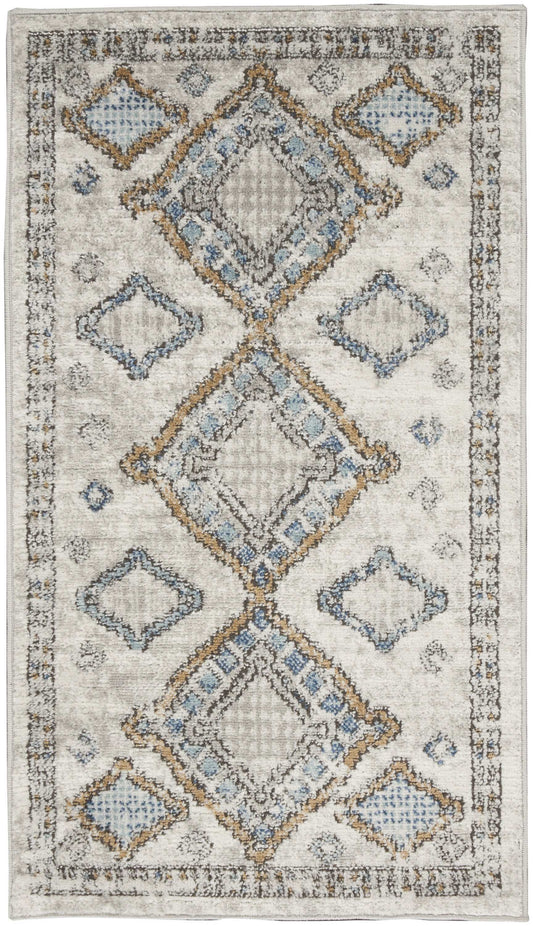 2' X 4' Ivory Grey And Blue Southwestern Power Loom Non Skid Area Rug - Homeroots - Flyclothing LLC