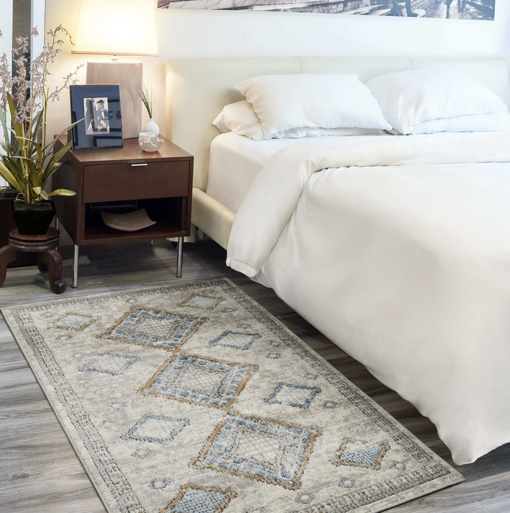 3' X 5' Ivory Grey And Blue Southwestern Power Loom Non Skid Area Rug - Homeroots - Flyclothing LLC