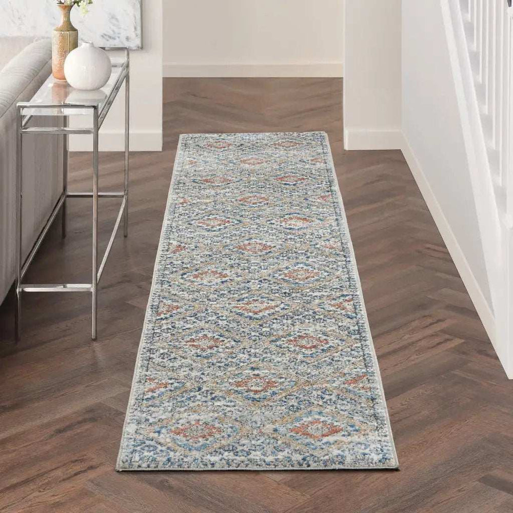 8' Blue And Ivory Southwestern Power Loom Non Skid Runner Rug - Homeroots - Flyclothing LLC