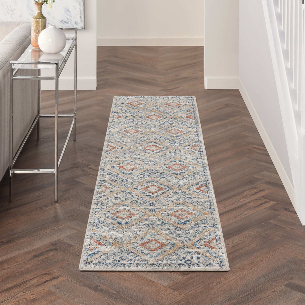 2' X 8' Grey Ivory And Blue Southwestern Power Loom Non Skid Runner Rug - Homeroots - Flyclothing LLC