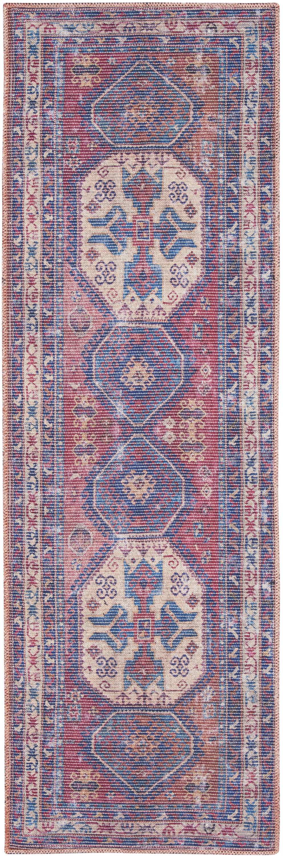 2' X 6' Red And Navy Oriental Power Loom Distressed Washable Runner Rug - Homeroots - Flyclothing LLC
