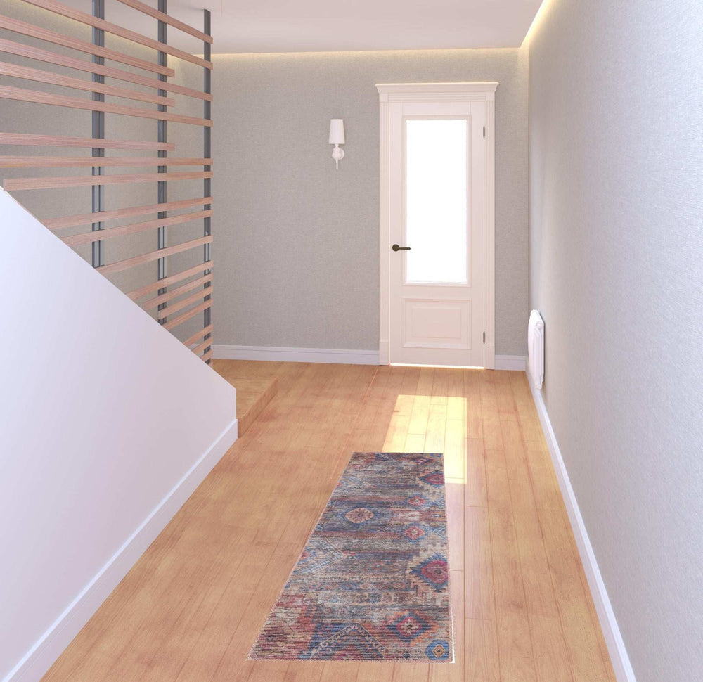 2' X 6' Red And Blue Southwestern Power Loom Distressed Washable Runner Rug - Homeroots - Flyclothing LLC