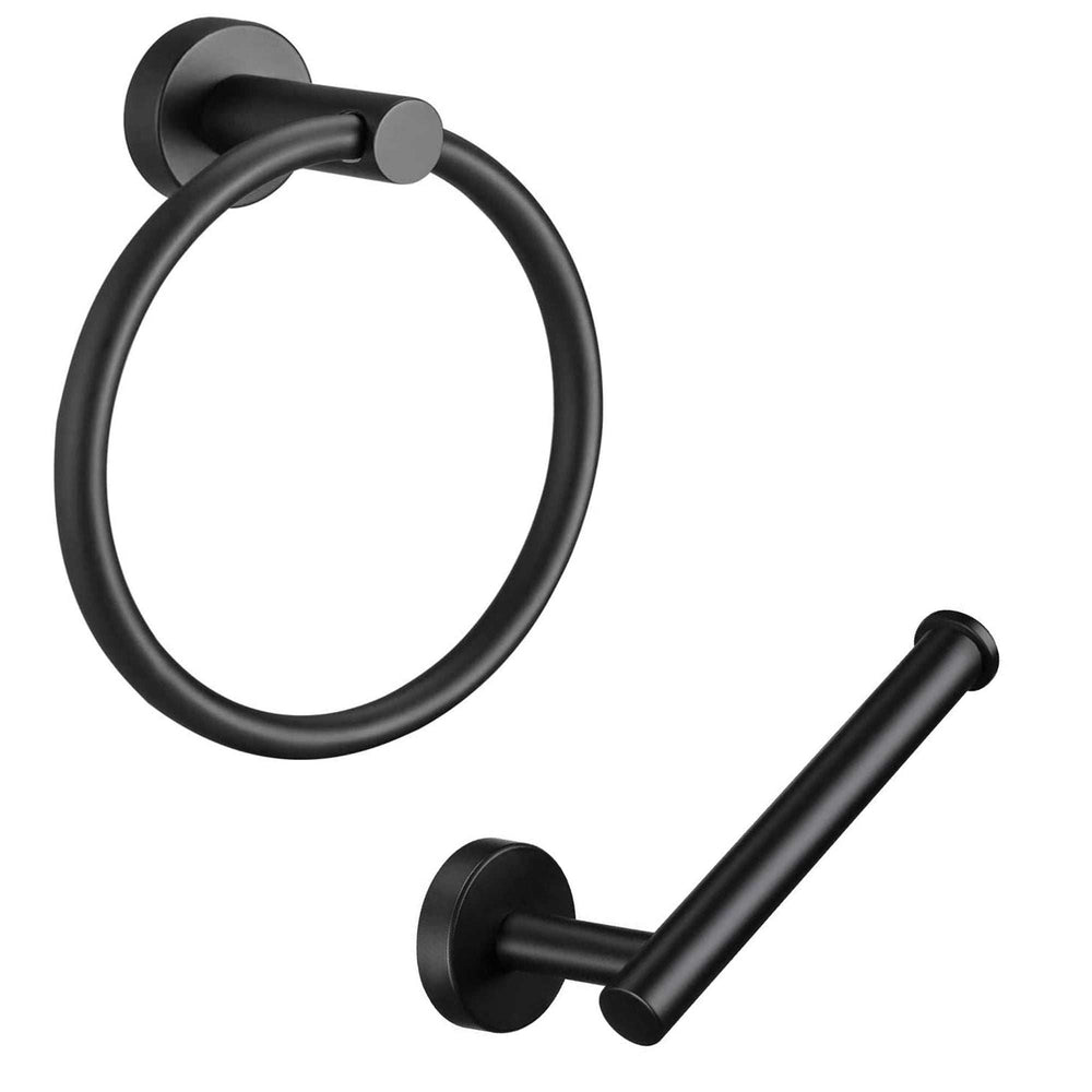 Set of Two Black Stainless Steel Wall Mount Towel Ring and Toilet Paper Holder - Homeroots - Flyclothing LLC