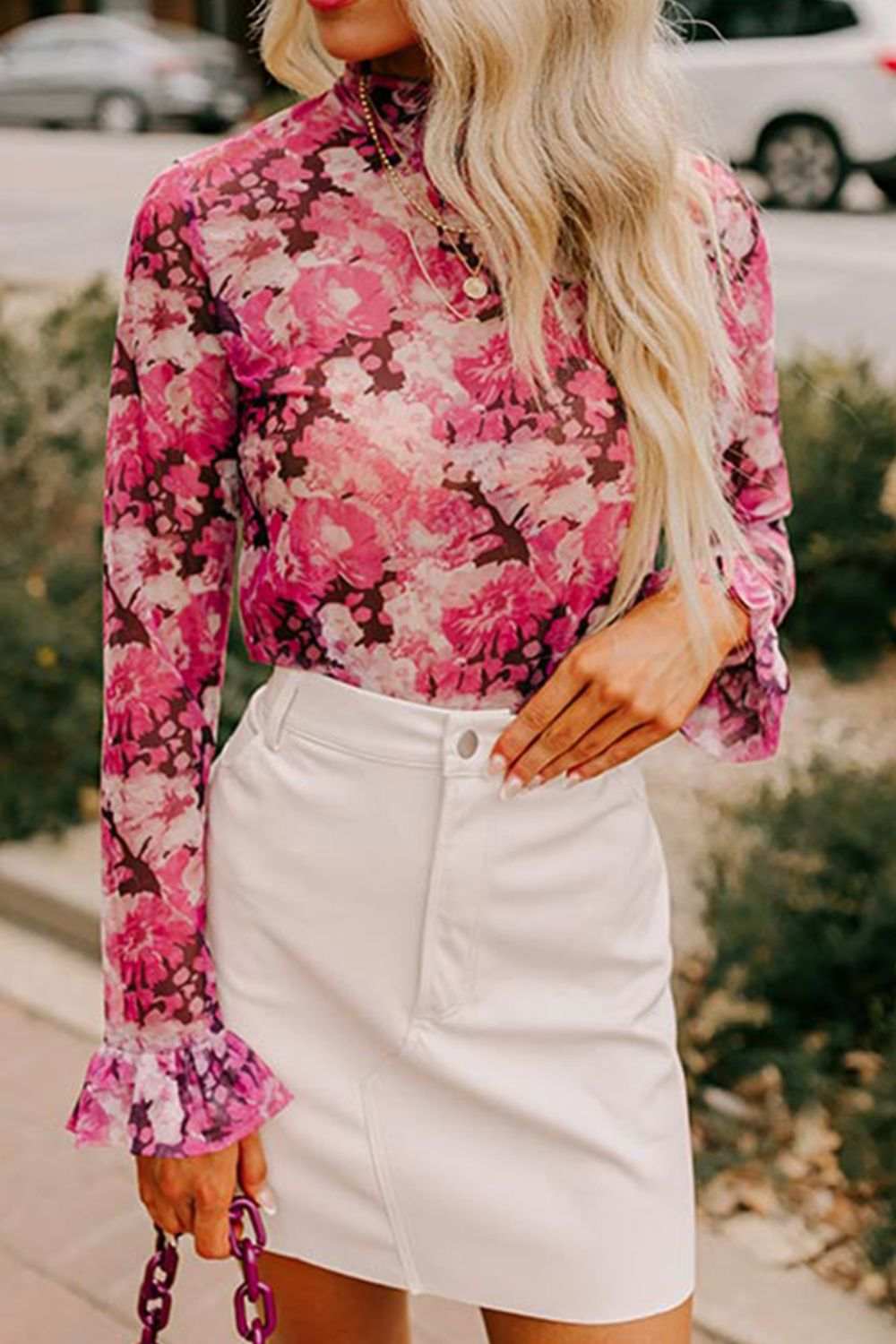 Floral Turtleneck Flounce Sleeve Blouse - Trendsi - Flyclothing LLC