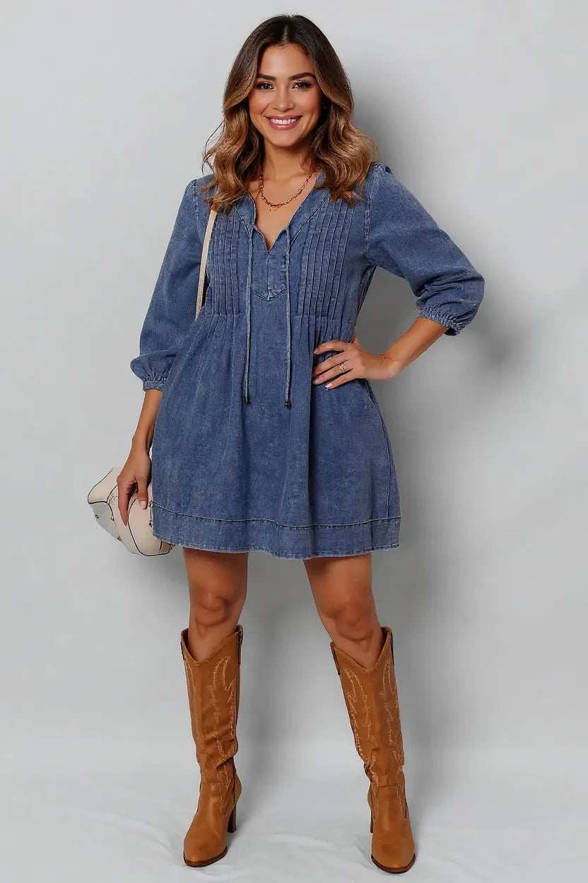 Tie Neck Long Sleeve Mini Denim Dress - Trendsi - Flyclothing LLC