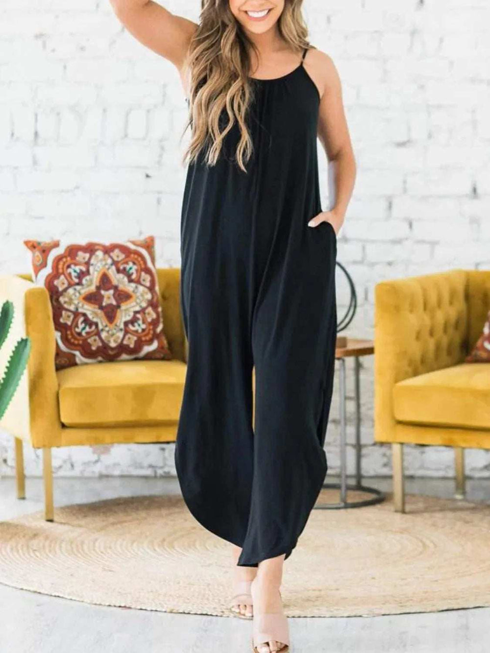 Slit Spaghetti Strap Jumpsuit with Pockets - Trendsi - Flyclothing LLC