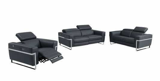 Three Piece Indoor Dark Gray Italian Leather Six Person Seating Set - Homeroots - Flyclothing LLC