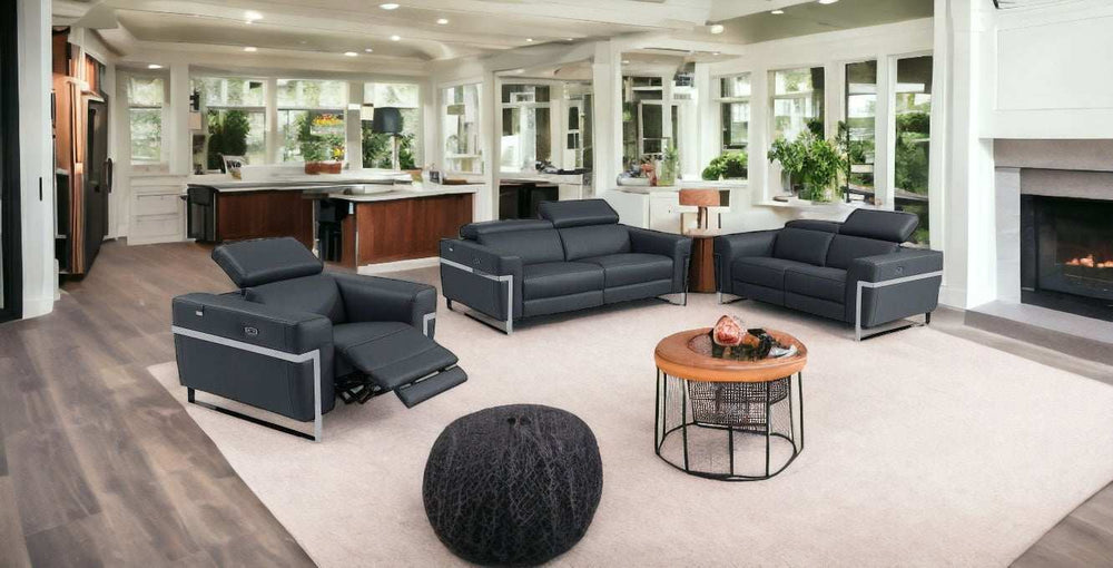 Three Piece Indoor Dark Gray Italian Leather Six Person Seating Set - Homeroots - Flyclothing LLC