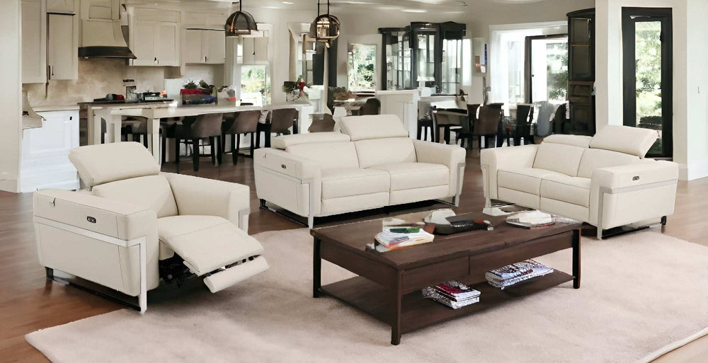 Three Piece Indoor Beige Italian Leather Six Person Seating Set - Homeroots - Flyclothing LLC