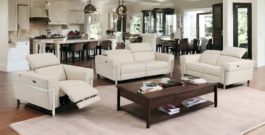 Three Piece Indoor Beige Italian Leather Six Person Seating Set - Homeroots - Flyclothing LLC