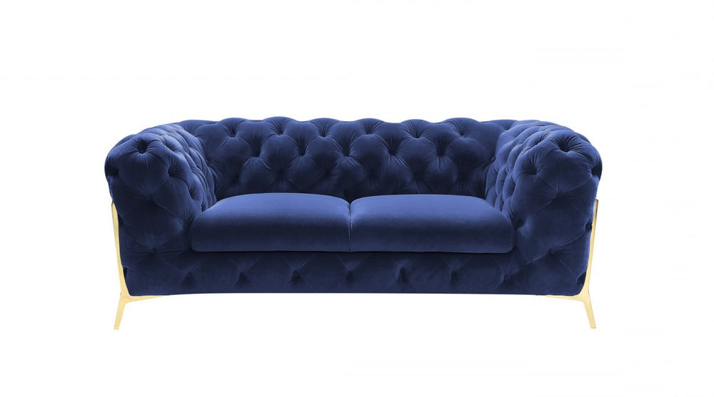 74" Blue And Gold Velvet Loveseat - Homeroots
