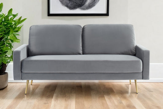 72" Gray Velvet Sofa With Brass Legs - Homeroots