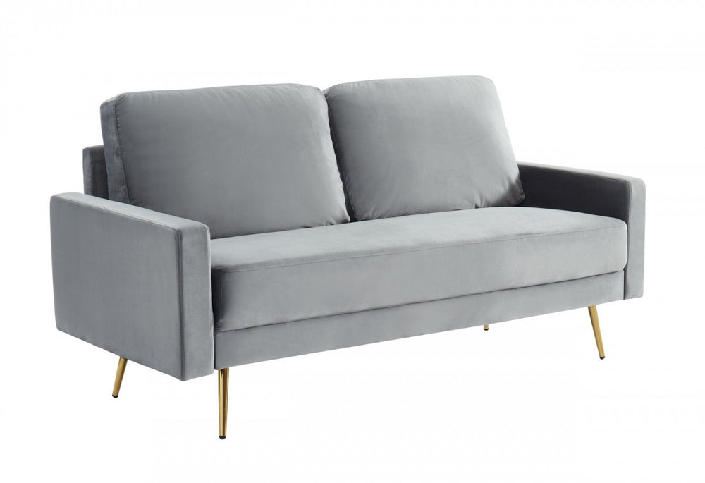 72" Gray Velvet Sofa With Brass Legs - Homeroots