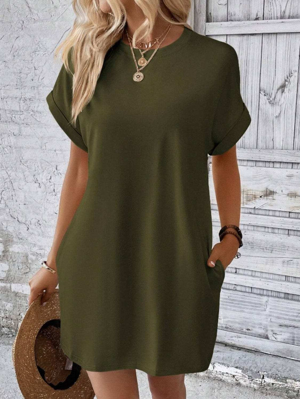 Pocketed Round Neck Short Sleeve Dress - Trendsi - Flyclothing LLC