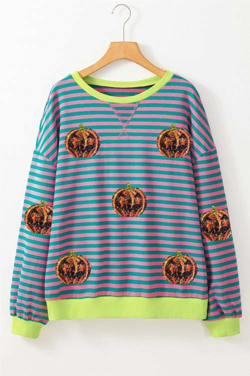 Pumpkin Striped Round Neck Long Sleeve Sweatshirt - Trendsi - Flyclothing LLC
