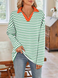 Striped Johnny Collar Long Sleeve T-Shirt - Trendsi - Flyclothing LLC