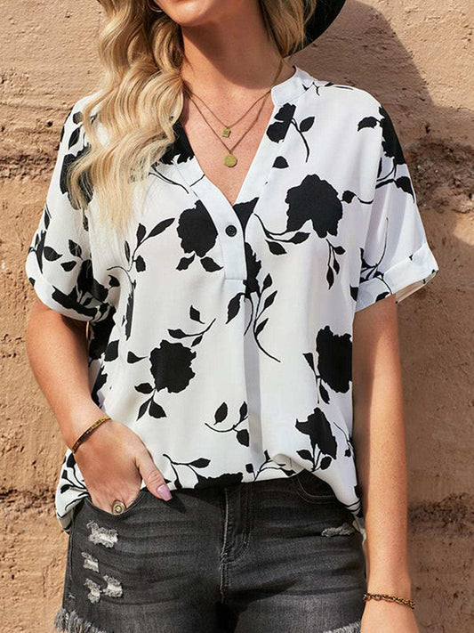 Full Size Printed Notched Short Sleeve Blouse - Trendsi - Flyclothing LLC