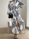 Printed Notched Lantern Sleeve Midi Dress - Trendsi - Flyclothing LLC