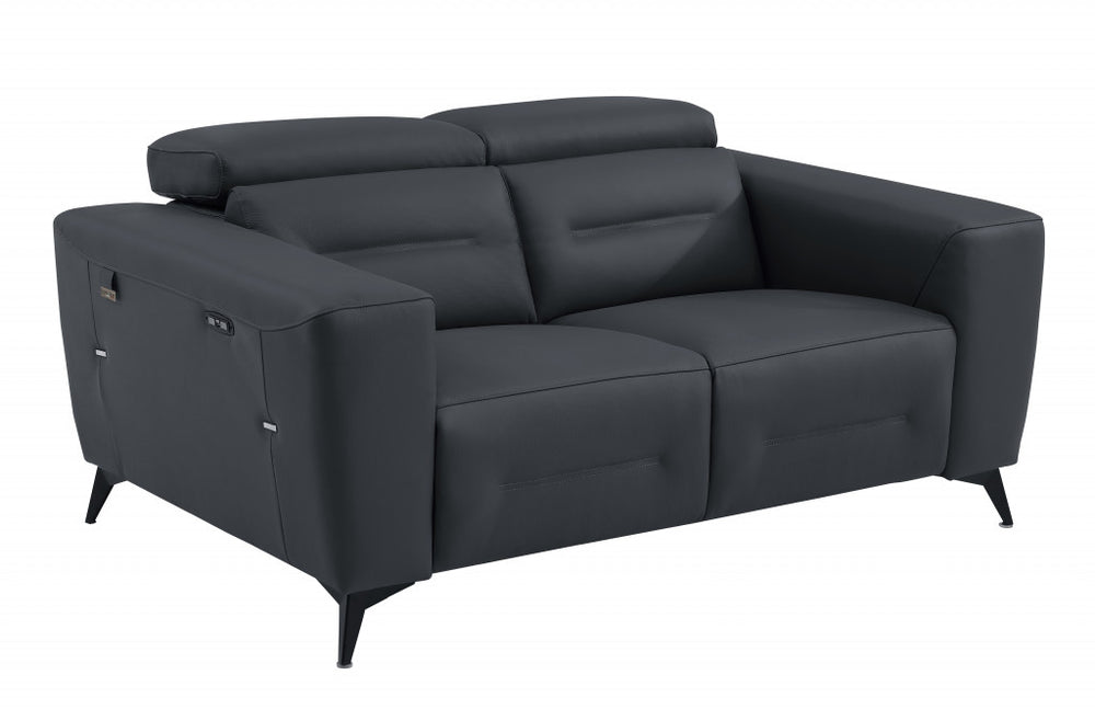 65" Gray And Black Italian Leather Power Reclining Loveseat - Homeroots