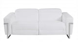 83" White Italian Leather USB Reclining Sofa With Chrome Legs