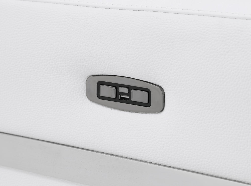 83" White Italian Leather USB Reclining Sofa With Chrome Legs - Homeroots