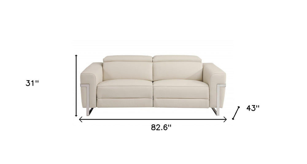 83" Beige Italian Leather USB Reclining Sofa With Silver Legs - Homeroots - Flyclothing LLC