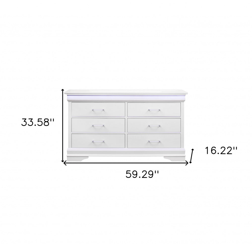 59" White Solid Wood Six Drawer Double Dresser with LED - Homeroots - Flyclothing LLC