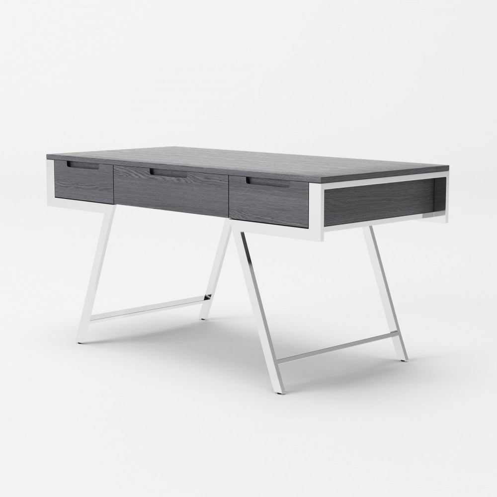 63" Gray and Chrome Rectangular Writing Desk With Three Drawers - Homeroots - Flyclothing LLC