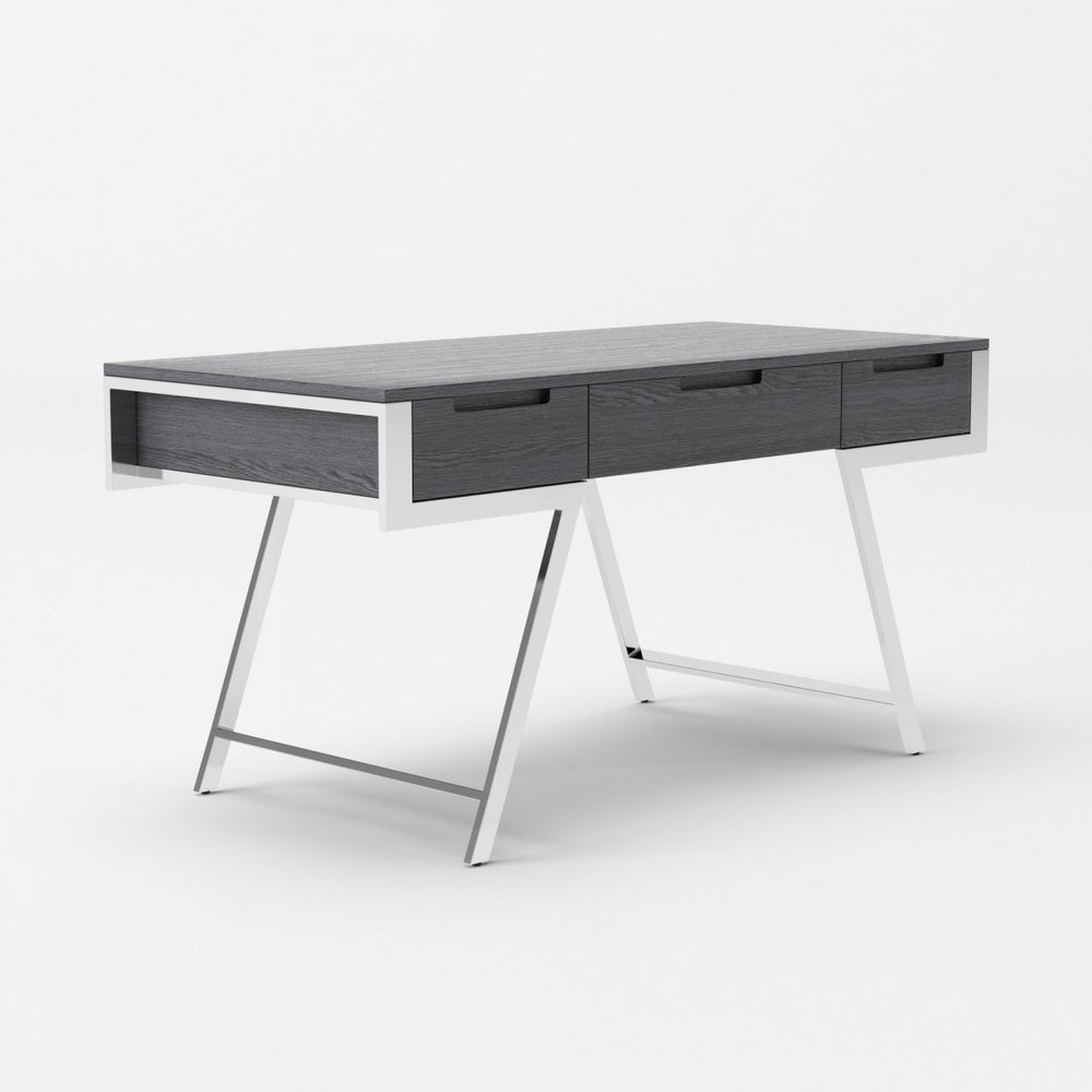 63" Gray and Chrome Rectangular Writing Desk With Three Drawers - Homeroots - Flyclothing LLC