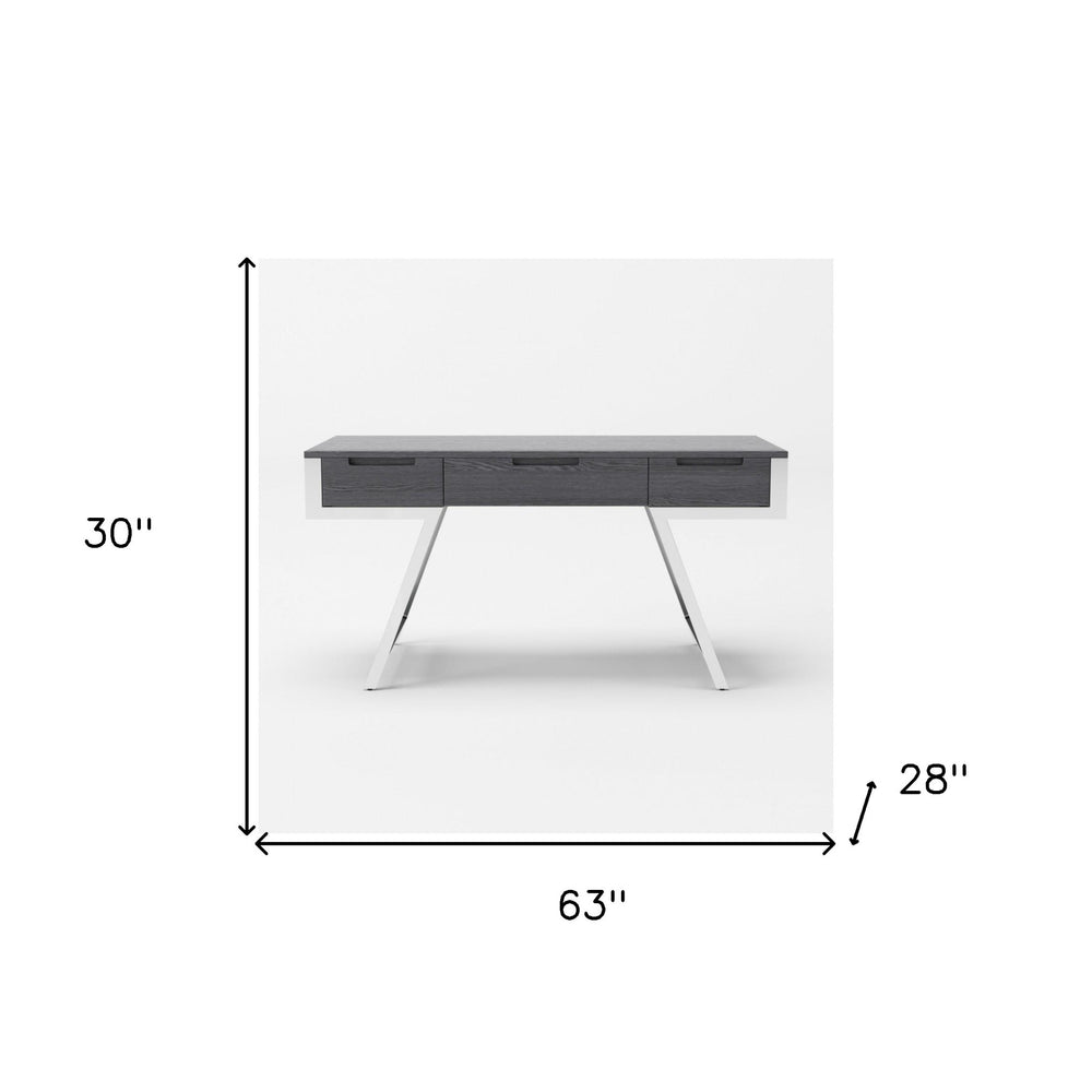 63" Gray and Chrome Rectangular Writing Desk With Three Drawers - Homeroots - Flyclothing LLC