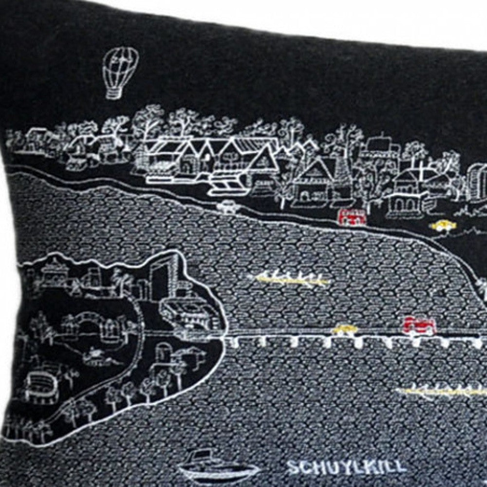 46" Black Philadelphia Nighttime Skyline Lumbar Decorative Pillow - Homeroots - Flyclothing LLC
