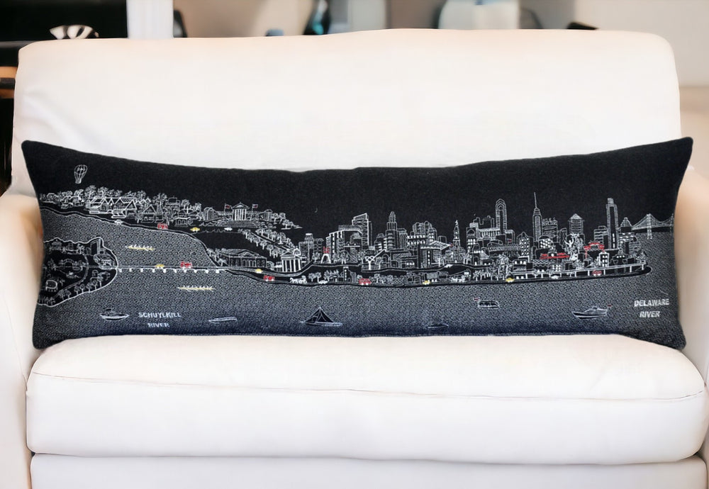 46" Black Philadelphia Nighttime Skyline Lumbar Decorative Pillow - Homeroots - Flyclothing LLC