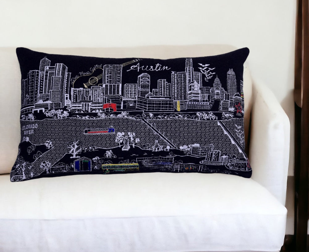 25" Black Atlanta Nighttime Skyline Lumbar Decorative Pillow - Homeroots - Flyclothing LLC
