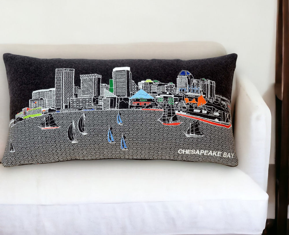 25" Black Austin Nighttime Skyline Lumbar Decorative Pillow - Homeroots - Flyclothing LLC