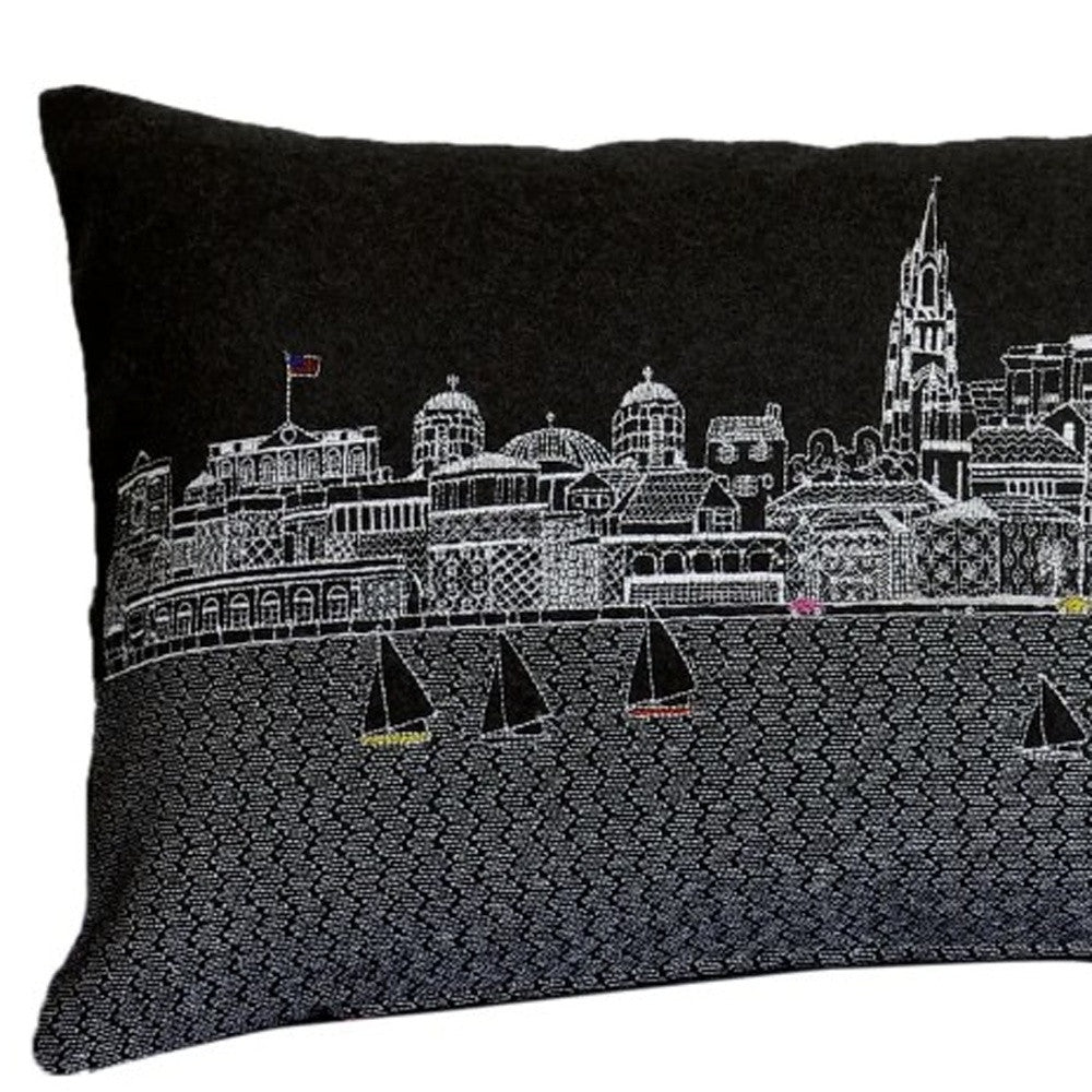 25" Black Charleston Nighttime Skyline Lumbar Decorative Pillow - Homeroots - Flyclothing LLC
