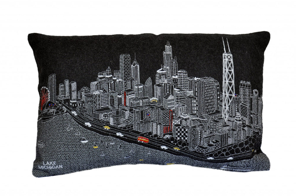 25" Black Chicago Nighttime Skyline Lumbar Decorative Pillow - Homeroots - Flyclothing LLC