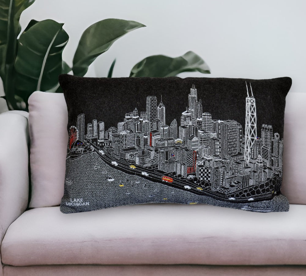 25" Black Chicago Nighttime Skyline Lumbar Decorative Pillow - Homeroots - Flyclothing LLC