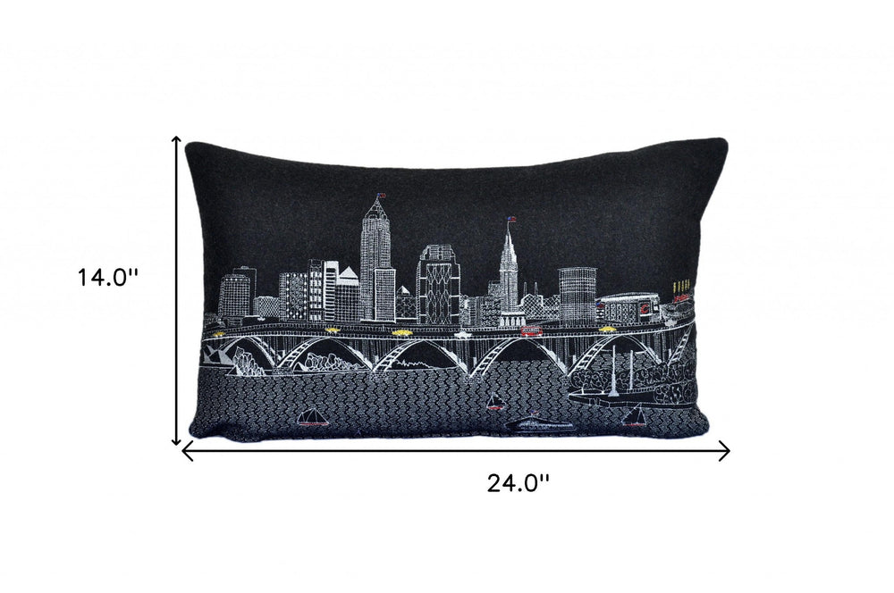 25" Black Cleveland Nighttime Skyline Lumbar Decorative Pillow - Homeroots - Flyclothing LLC